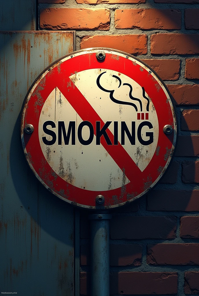 a detailed drawing of a no smoking sign, highly realistic, photorealistic, extremely detailed, 8k, ultra-high definition, intricate details, sharp focus, vibrant colors, dramatic lighting, moody atmosphere, grungy urban setting, brick wall background, metal sign, bold typography, negative space, minimalist design, deep shadows, strong contrast, sense of urgency, powerful message, anti-smoking campaign