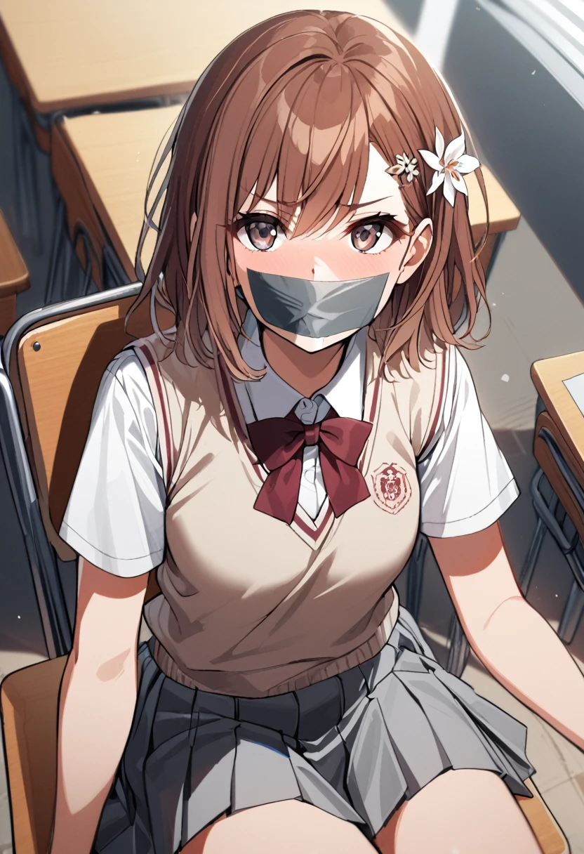 1girl, mikoto misaka, short hair, brown hair, hair ornament, hair flower, brown eyes, skirt, shirt, school uniform, white shirt, short sleeves, pleated skirt, grey skirt, sweater vest, tokiwadai school uniform, Tape Gag Tape Bondage, sitting on the chair in the classroom, tape gag, gagged,