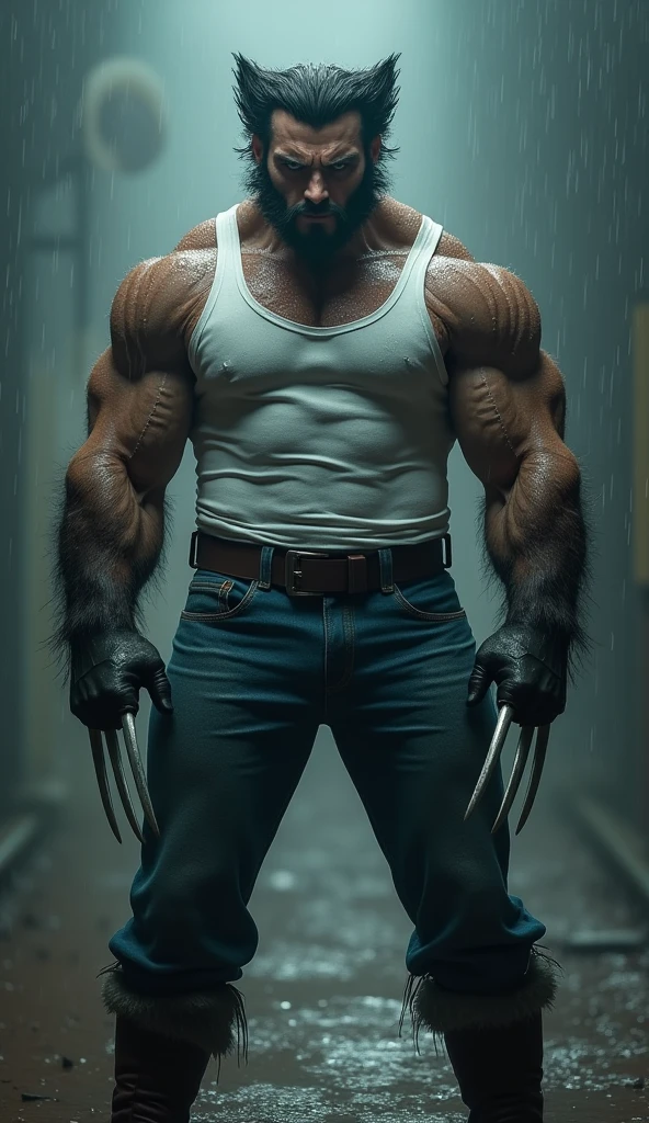 A full body photography a Wolverine with singlet shirt white color and blue jeans pants. Show he's claw .wear a boots. standing ready to fight. fog atmosphere with rainy, (hyperrealism:1.2), (36K UHD:1.2), (photorealistic:1.2), (mega high definition resolution), dark background.