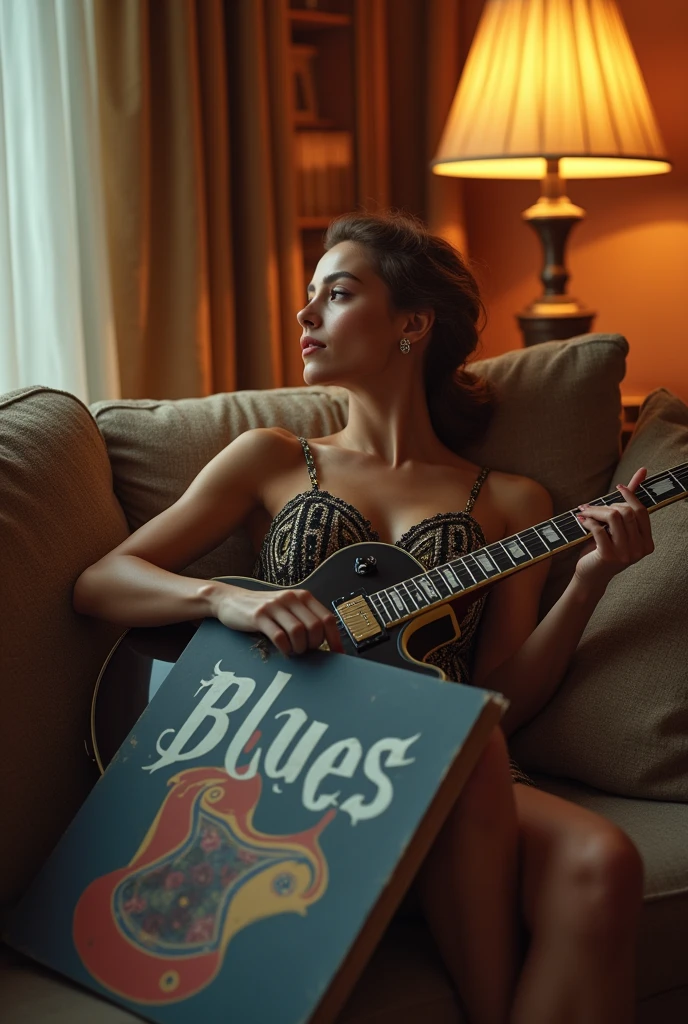 A beautiful woman sitting on the sofa , and on the sofa there is also a Gibson Les Paul guitar, the image is 60s style, She is holding a copy of a Blues record. The name blues must appear clearly on the cover.,