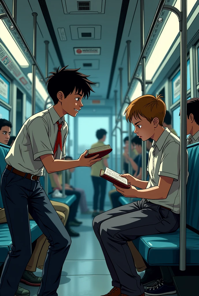 (comic) (wearing school uniform) A boy tries to snatch a book from a boy who's sitting in a bus seat.