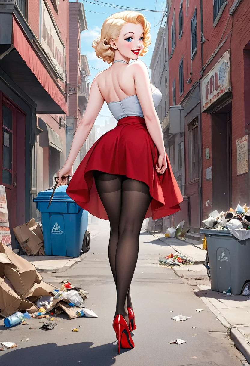 masterpiece, small size head, pinup,Marilyn Monroe, pale skin, blue eyes, stunning, wearing red skirt, black pantyhose ,red stilettos ,thick calves,thick legs , big ass. She is walking in poor african Town with a Lot of garbage.