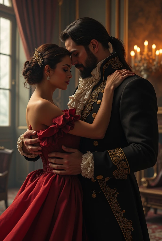 A really handsome Duke holding a woman from bad who is a lady 