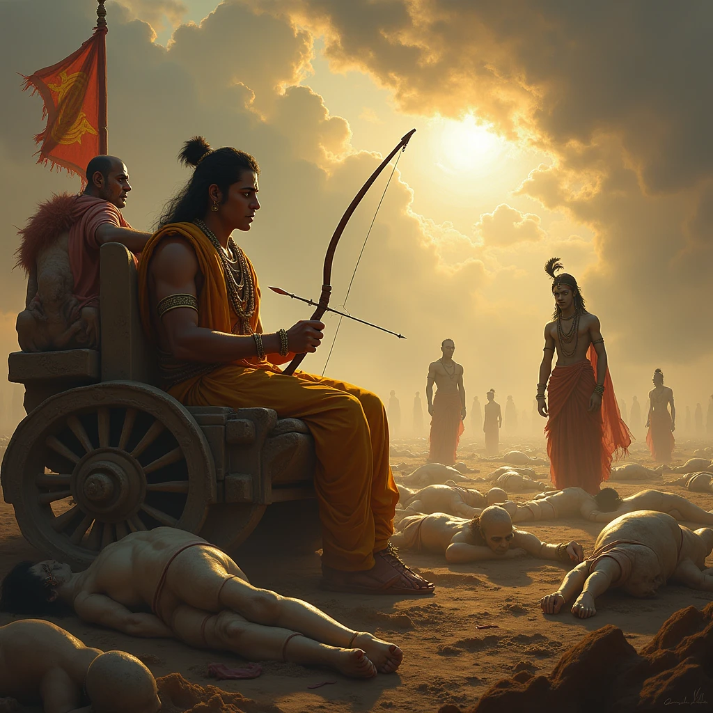 Visualize Arjuna, seated in his chariot, with a look of intense despair as he gazes upon a battlefield filled with his relatives. His hands are trembling as he loosens his grip on his bow, which rests uneasily on his lap. Surrounding him are ghostly apparitions of his ancestors, depicted as fading figures in traditional clothing, their expressions filled with sorrow and disappointment. Arjuna is bathed in a somber, golden light that highlights his inner turmoil. Separate and standing to his right, Krishna is portrayed as a calm and radiant figure, his right hand raised in a gesture of reassurance, offering wisdom and support. Krishna's presence is surrounded by a divine aura, contrasting with the dark and chaotic environment. In the background, the once-vibrant battlefield is now a scene of decay, with ancient family symbols and banners torn and tattered, symbolizing the loss of family traditions and the rise of adharma. The sky above is split between stormy clouds and rays of divine light, symbolizing the conflict between duty and despair.
