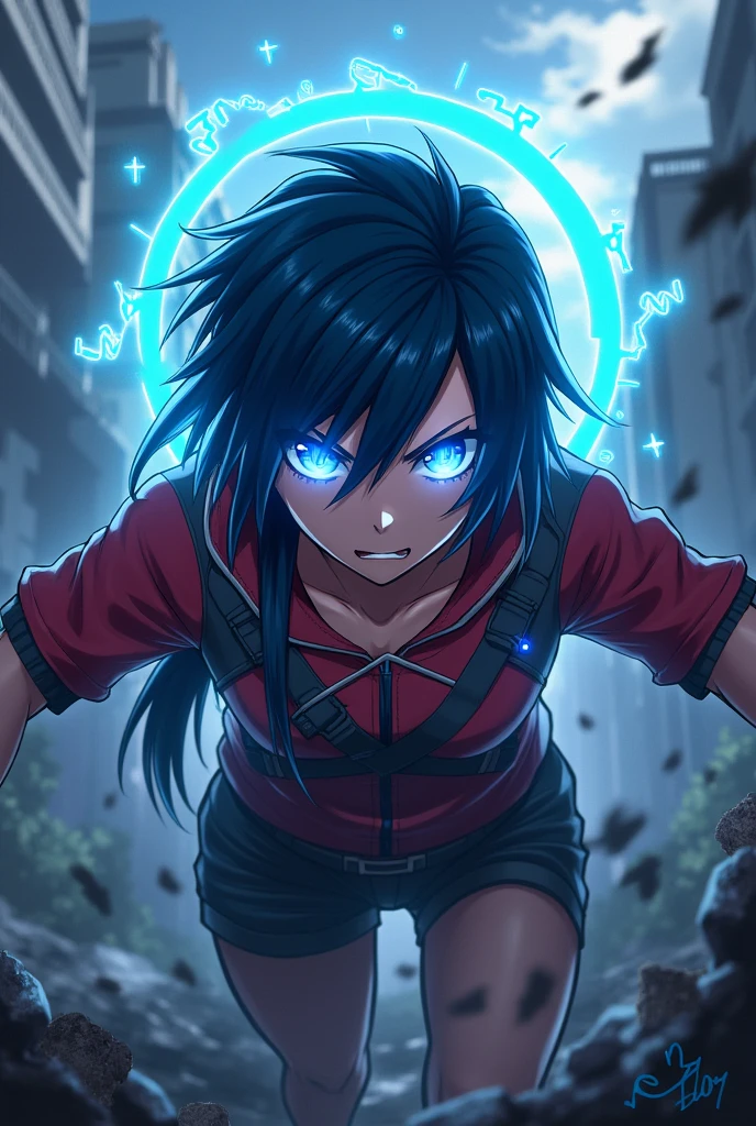 Gaming channel,a competitive player,eye were blue spark, background were in war,anime, agressive 