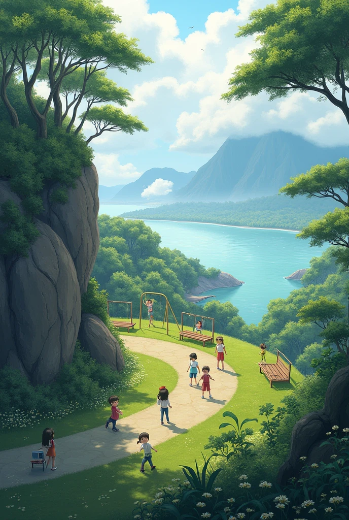 Playground and park, top of the mountain, between shore, forest, fog