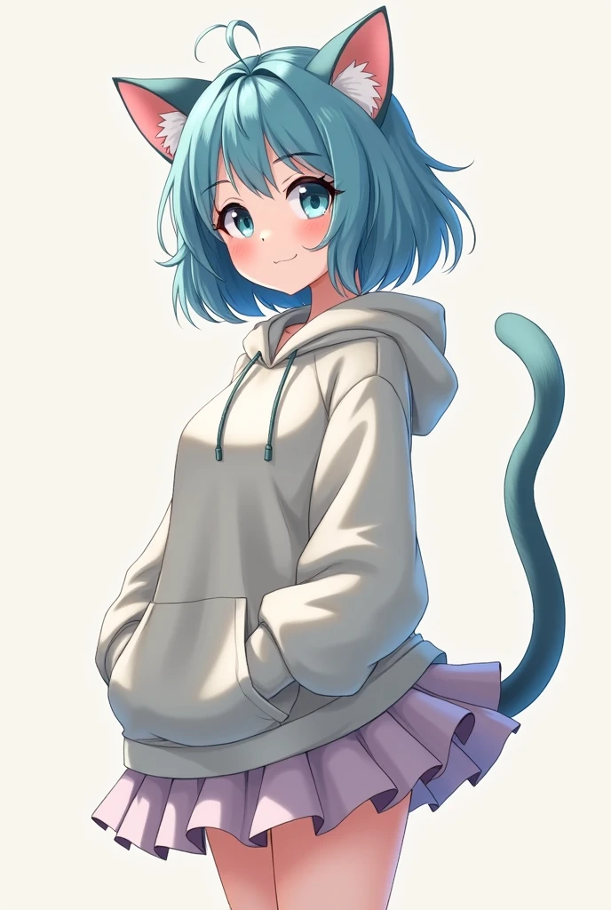 Cat girl in her years with blue medium sized hair in a hoodie and a skirt and C cup boobs