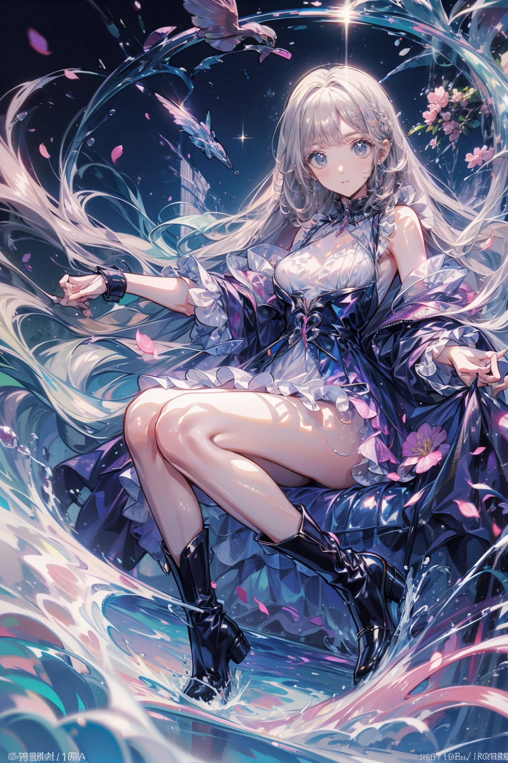The thief、Thief、10 convictions、Criminal Woman、bad woman、To rob、Anime Style、Storytelling、、beautiful girl、とてもcute天使、Pink Gothic Dress、cute、Baby Face、smile、Long skirt、,Black long boots、Crazy Smile, beautiful, Delicate facial features, Sharp Eye, Sharp Fangs, Mouth very open, Bare your teeth,Sharp teeth like a beast, Very wide lips, Very wide mouth, Vermilion cheeks, 