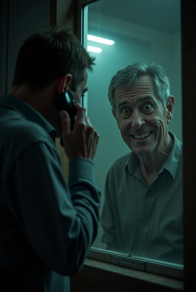 (photorealism:1.2), This time, the telephone caller says, “Look behind you.” He turns around and sees his own reflection in the window, but it’s smiling at him with a menacing grin.