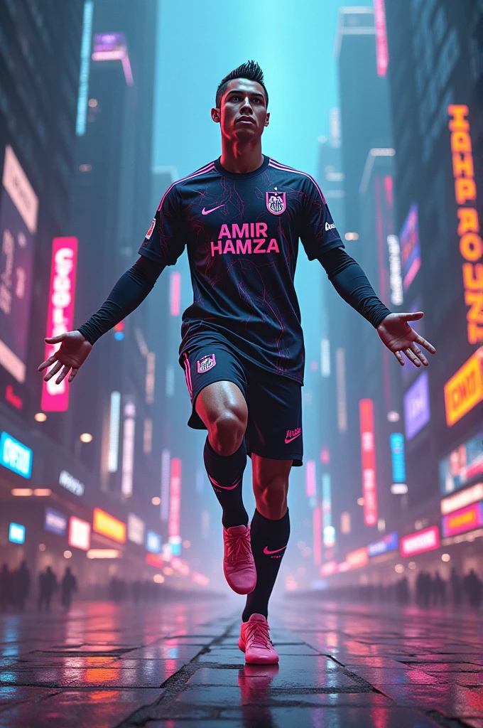 Cristiano Ronaldo doing his pose in cyber punk nano city and amir Hamza written on Cristiano Ronaldo front of t shirt
