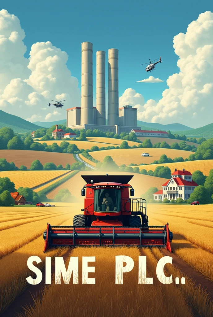 Write boldly "Sime PLC..." at the bottom, combine harvester on a huge farm land, a tall factory building abehind the land, a helicopter,cars and A Home close to the land ,different kind of farm products on th land, a shade made of glass on the land,a river on the side