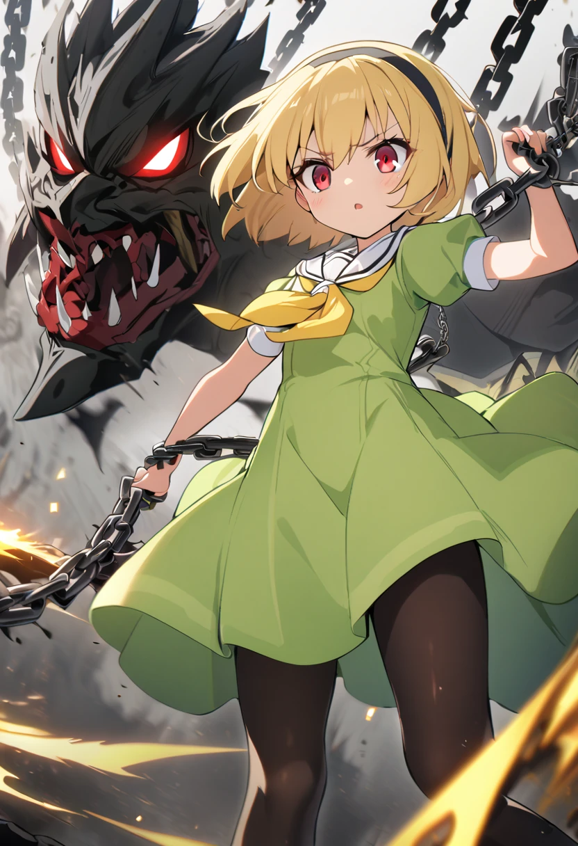 ((chain)), ((chain Focus)), (Weapon), houjou_Satoko, 1girl, 独奏, blonde,short hair,hair band,Red eyes,Green Dress,White sailor collar,Yellow neckerchief,Short sleeve,Puff sleeves,Black Pantyhose,Flat Chest, Deathblow, Swinging a chain