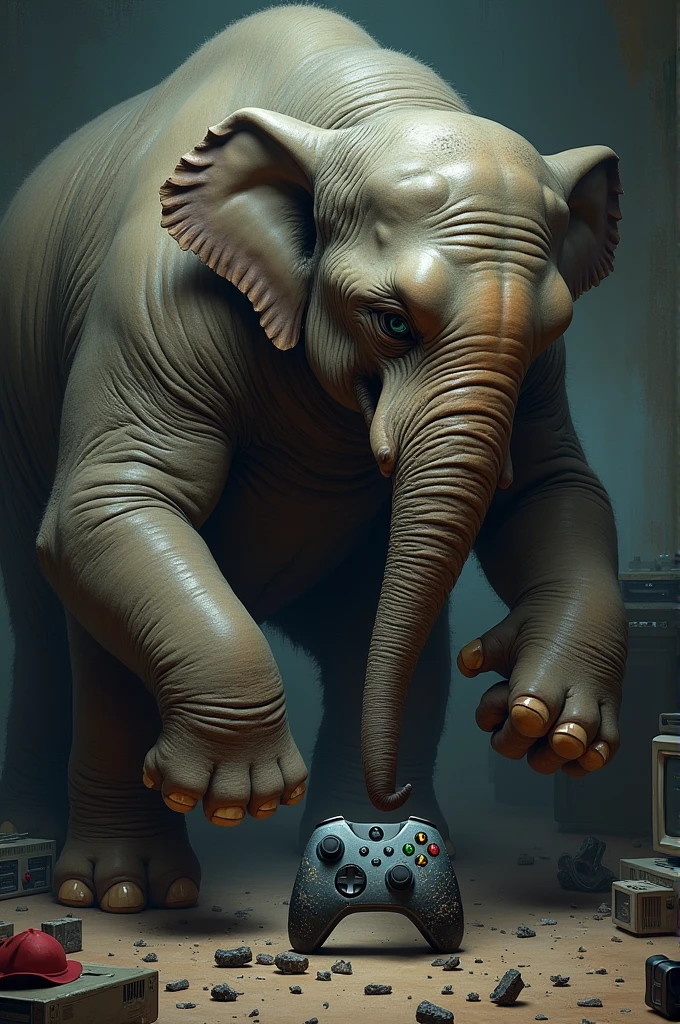 The elephant lost the game, then got angry and broke the controller.