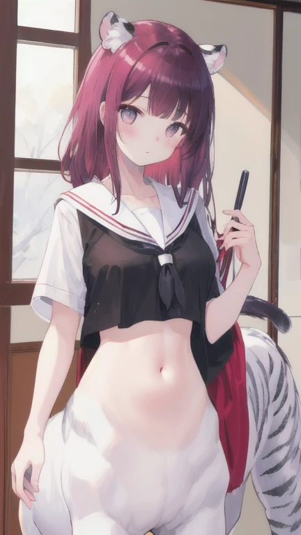 (best quality, masterpiece), 1 girl, centaur, I beg, White skin, Japanese girl,daught pink, exposing the abdomen, belly button t-shirt , beautiful girl perfect, White tiger photo, 완벽한 White tiger photo