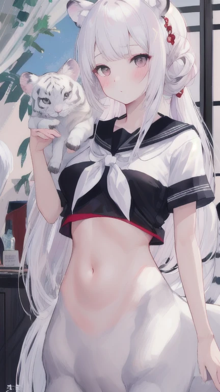 (best quality, masterpiece), 1 girl, centaur, I beg, White skin, Japanese schoolgirl,daughter,black pink, exposing the abdomen, belly button t-shirt , beautiful girl perfect, White tiger photo, 완벽한 White tiger photo