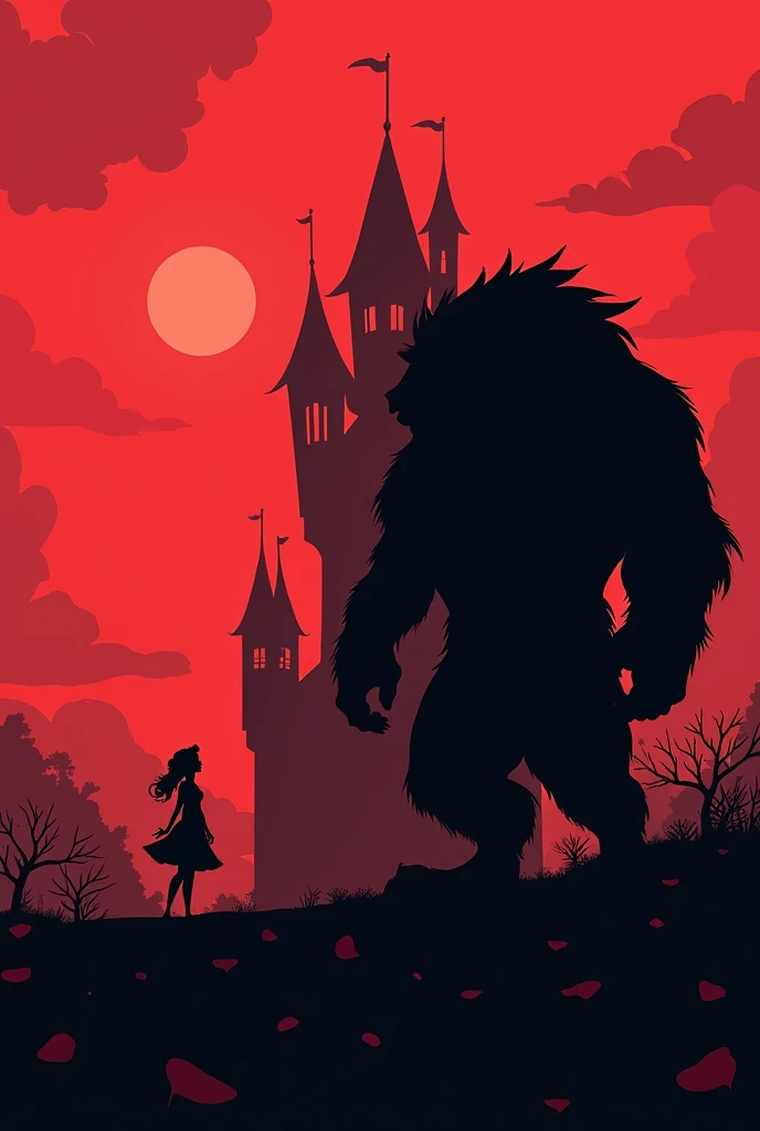 "Minimalist silhouette art inspired by Olly Moss, depicting a dark, atmospheric scene from 'Beauty and the Beast.' The image is divided into two sections: in the first third, the Beast is shown in silhouette, standing tall and imposing, with a hunched posture and his fearsome features subtly outlined. In the background, taking up the remaining two-thirds, is the silhouette of the Beast's grand, but eerie, castle, with twisted towers and shadowy windows. Belle, a small figure, is positioned between the Beast and the castle, looking up at him with a mix of fear and curiosity. The scene is tinted in deep, moody reds and pinks, with subtle elements like rose petals floating in the air or thorny vines creeping up the castle walls to evoke the tale's dark magic. The contrast between the dark silhouettes and the rich red and pink tones enhances the haunting, fairy-tale atmosphere."
