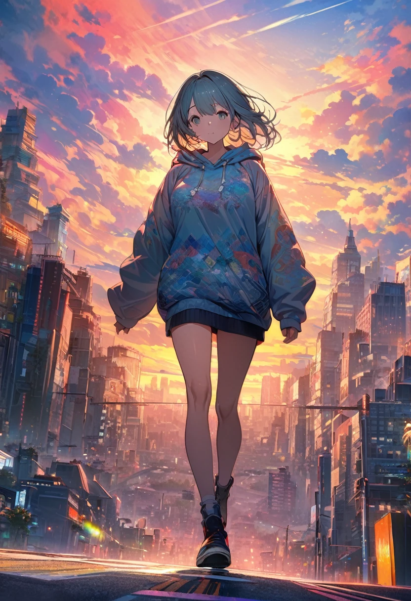 Create exquisite illustrations reminiscent of Makoto Shinkai's style, It has ultra-fine details and top-notch quality. angelic, detailed woman who is walking, woman wearing hoodie, highest billding in city, road, sunrise, horizon, skyline, in the sky, city of clouds, colorful, high-res, 8K