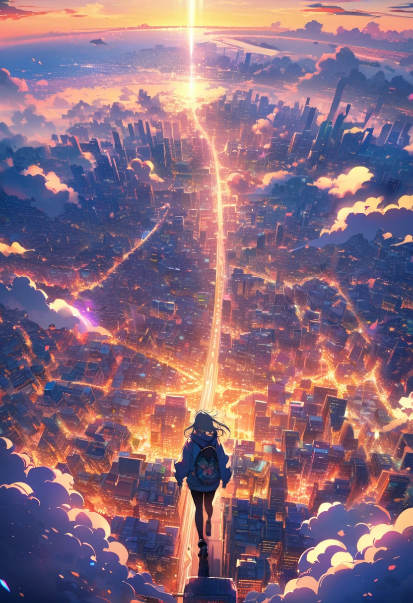 angelic, detailed woman who is walking, woman wearing hoodie, highest billding in city, road, sunrise, horizon, skyline, in the sky, city of clouds, colorful, high-res, 8K