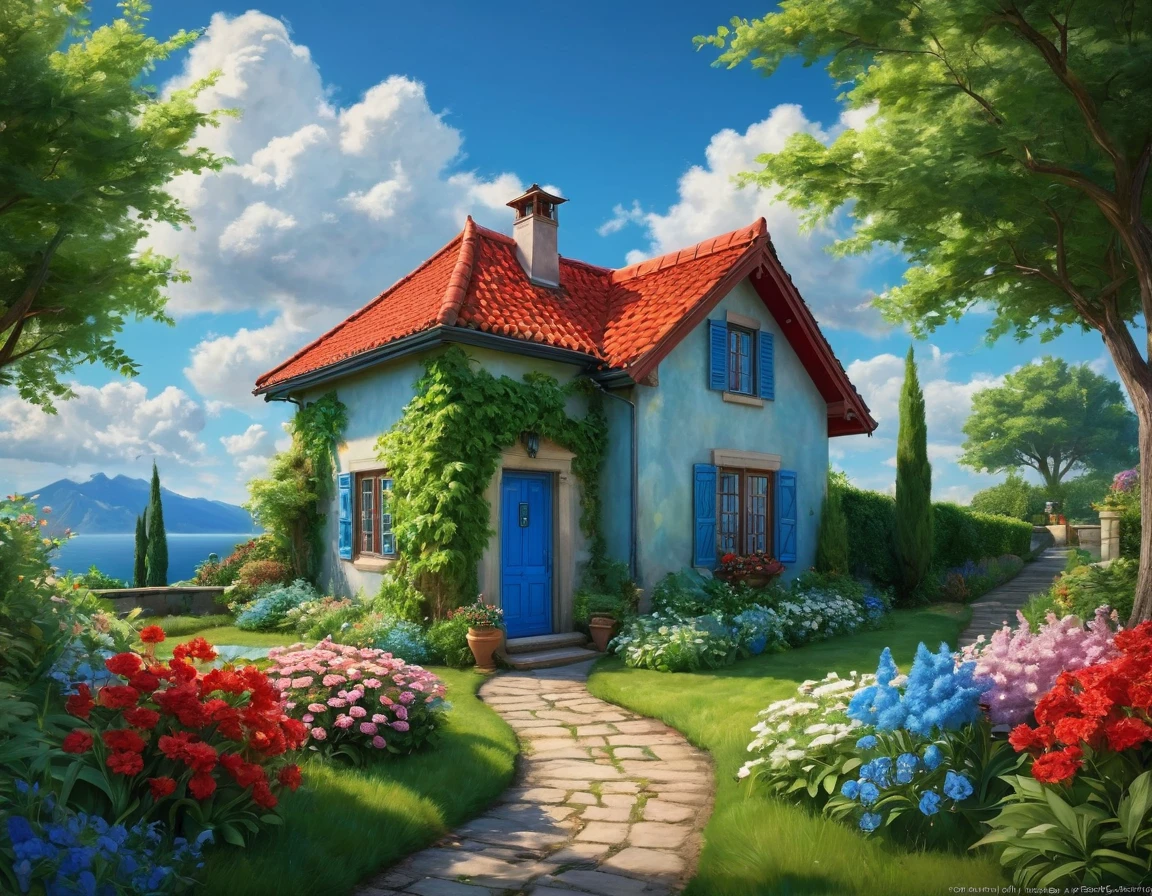 Prompts
Txt2Img
This image is a painting of a charming house with a red roof and a blue door, set against a serene background. The house is surrounded by a beautiful garden with various flowers, and a pathway leads up to the entrance. Two lamps are placed on either side of the pathway, adding a cozy touch to the scene. In the distance, a tree stands tall, reaching towards the sky filled with fluffy clouds. The colors in the painting are predominantly shades of blue and green, creating a peaceful and inviting atmosphere. The overall composition evokes a sense of tranquility and warmth. vibrant colors,lighted ambience, biophilic aesthetic, sharp focus,incredible ultra-realism,hyper maximalism,photorealistic,smooth highly detailed,high saturation and contrast,unreal engine,HDR,32 k,final render,masterpiece