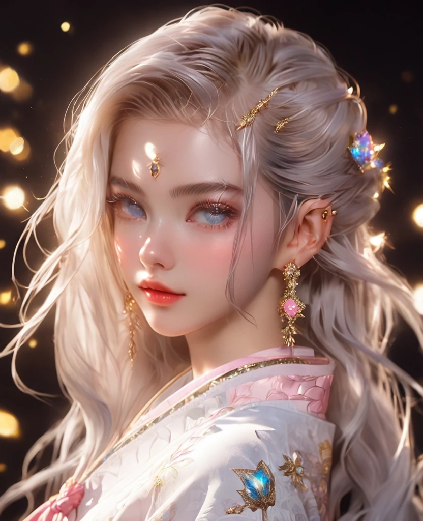 8K，an extremely delicate and beautiful,Beautiful and realistic skin,full body,Shiny jewel-like earrings,like glitter white hair,beautiful blue eyes,jeans,asian cute girl