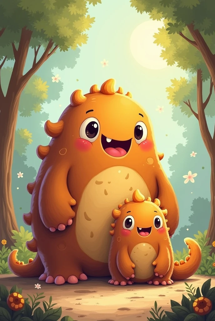 Create an image for story books 
Ellie realized that sometimes things that seem scary can turn out to be wonderful, and true friendship knows no bounds where is Monste Benny can you make a monster Benny in brown colour  big monster and bit chubby make both are happy together 