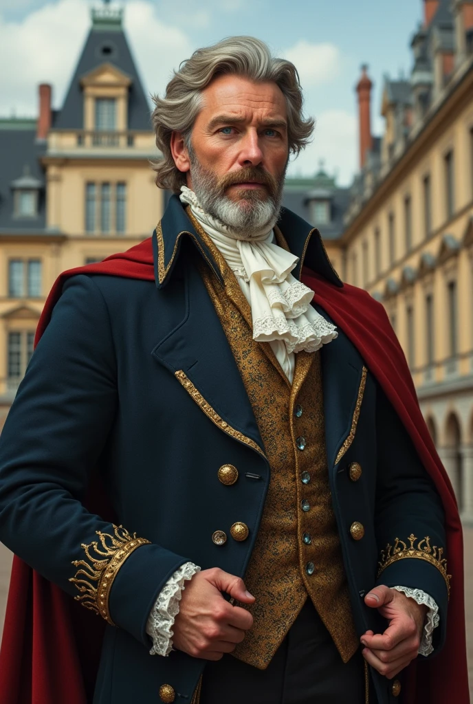Create me a man he should be in his mid 30s, he is a lord and lived in 1850, he is very elegant, has a very well-groomed beard, blond, grey hair, turquoise, shining eyes, very well built and he radiates authority, he is standing in front of one of his properties, he should still look very young and in complete view