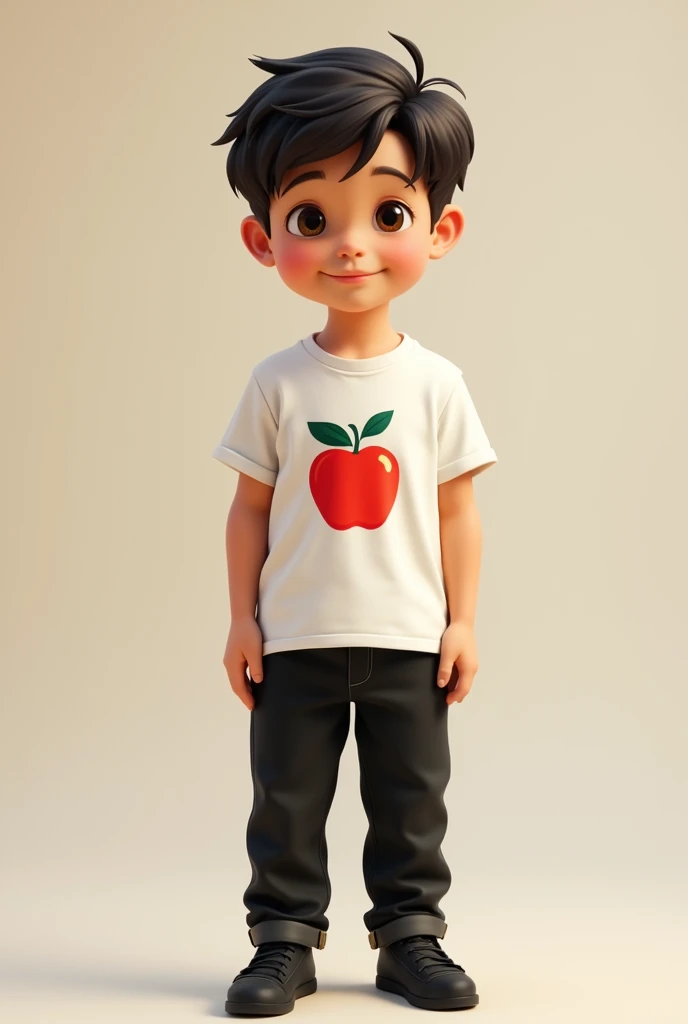 A small boy in white T shirt , black pant and black shoe
The white T shirt should have a picture of apple