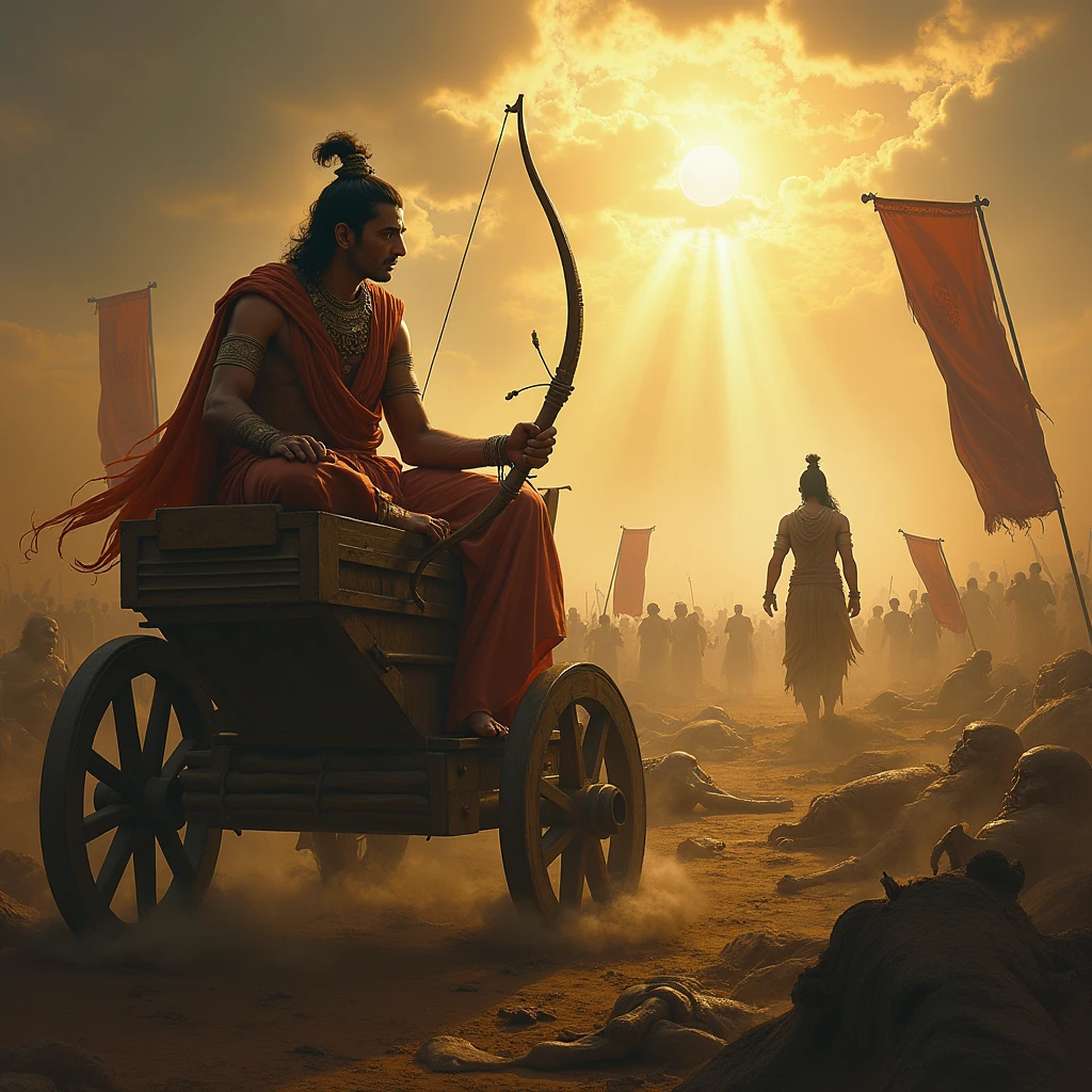 Visualize Arjuna, seated in his chariot, with a look of intense despair as he gazes upon a battlefield filled with his relatives. His hands are trembling as he loosens his grip on his bow, which rests uneasily on his lap. Surrounding him are ghostly apparitions of his ancestors, depicted as fading figures in traditional clothing, their expressions filled with sorrow and disappointment. Arjuna is bathed in a somber, golden light that highlights his inner turmoil. Separate and standing to his right, Krishna is portrayed as a calm and radiant figure, his right hand raised in a gesture of reassurance, offering wisdom and support. Krishna's presence is surrounded by a divine aura, contrasting with the dark and chaotic environment. In the background, the once-vibrant battlefield is now a scene of decay, with ancient family symbols and banners torn and tattered, symbolizing the loss of family traditions and the rise of adharma. The sky above is split between stormy clouds and rays of divine light, symbolizing the conflict between duty and despair.