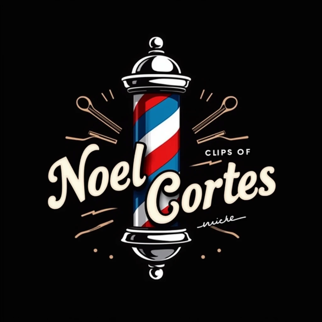 Faça uma logo de barbeiro com um símbolo 💈azul vermelho e branco escrita "Noel Cortes" with black background and detailed font with barber theme and some barber symbol behind, a very detailed logo 