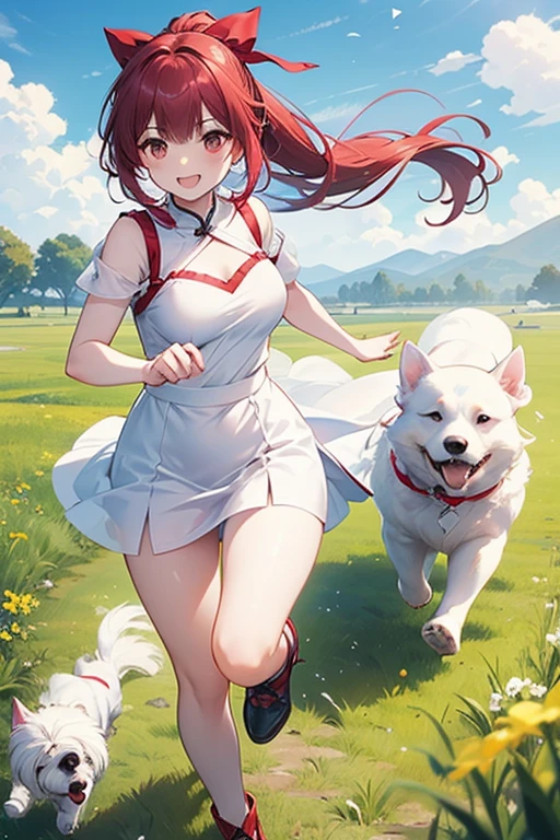 (((1 female))),BREAK(((One white dog))),((Running side by side)),white sundress,mini skirt,Black Hair,Long Hair、Long Ponytail、Red hair ribbon,smile,grassland,Female Focus