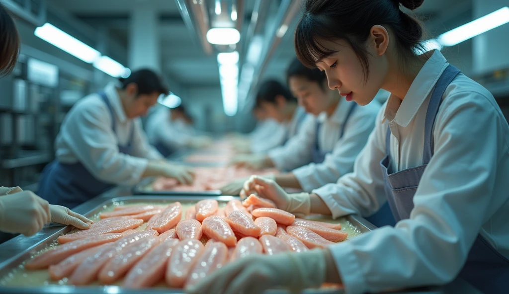 high quality, 8k, photorealistic, ultra-detailed, extremely detailed, beautiful detailed eyes, beautiful detailed lips, extremely detailed eyes and face, long eyelashes, asian factory, seafood production, industrial machinery, workers, fish processing, packaging, conveyor belts, bright lighting, metallic surfaces, stainless steel, concrete floors, industrial environment, cinematic lighting, dramatic shadows, realistic textures, cinematic composition, vivid colors