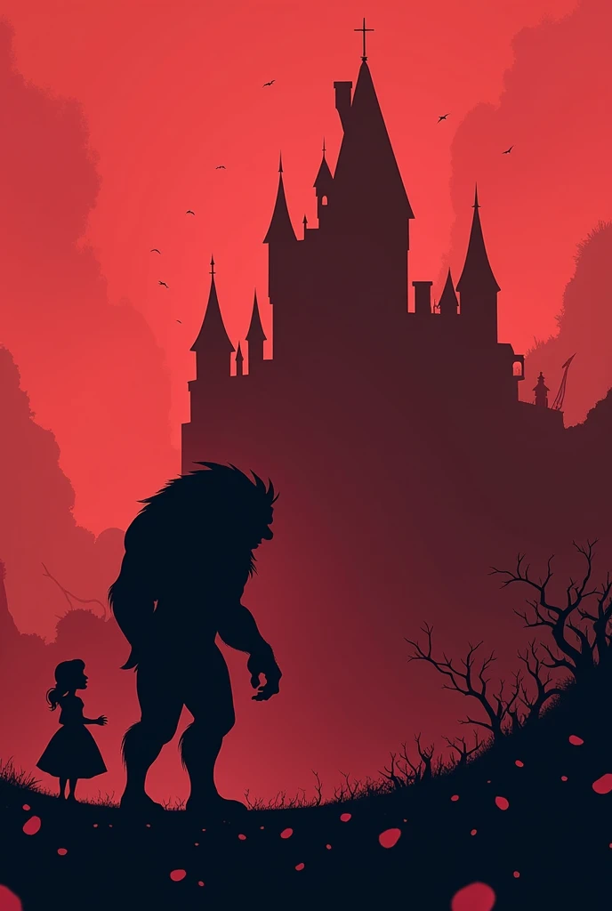 "Minimalist silhouette art inspired by Olly Moss, depicting a dark, atmospheric scene from 'Beauty and the Beast.' The image is divided into two sections: in the first third, the Beast is shown in silhouette, standing tall and imposing, with a hunched posture and his fearsome features subtly outlined. In the background, taking up the remaining two-thirds, is the silhouette of the Beast's grand, but eerie, castle, with twisted towers and shadowy windows. Belle, a small figure, is positioned between the Beast and the castle, looking up at him with a mix of fear and curiosity. The scene is tinted in deep, moody reds and pinks, with subtle elements like rose petals floating in the air or thorny vines creeping up the castle walls to evoke the tale's dark magic. The contrast between the dark silhouettes and the rich red and pink tones enhances the haunting, fairy-tale atmosphere."