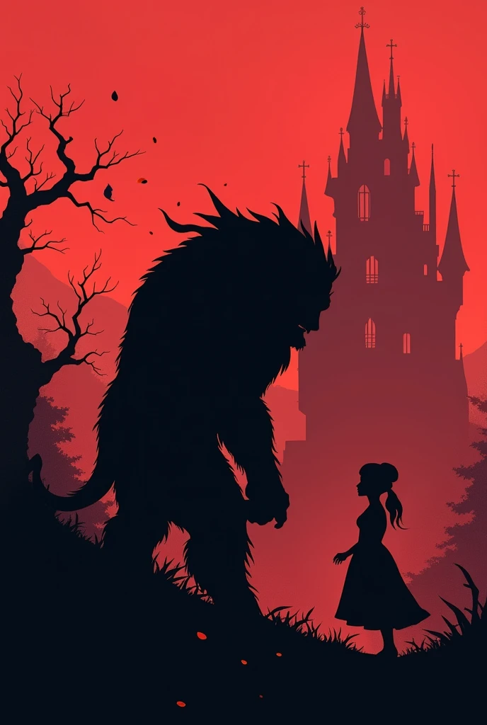 "Minimalist silhouette art inspired by Olly Moss, depicting a dark, atmospheric scene from 'Beauty and the Beast.' The image is divided into two sections: in the first third, the Beast is shown in silhouette, standing tall and imposing, with a hunched posture and his fearsome features subtly outlined. In the background, taking up the remaining two-thirds, is the silhouette of the Beast's grand, but eerie, castle, with twisted towers and shadowy windows. Belle, a small figure, is positioned between the Beast and the castle, looking up at him with a mix of fear and curiosity. The scene is tinted in deep, moody reds and pinks, with subtle elements like rose petals floating in the air or thorny vines creeping up the castle walls to evoke the tale's dark magic. The contrast between the dark silhouettes and the rich red and pink tones enhances the haunting, fairy-tale atmosphere."