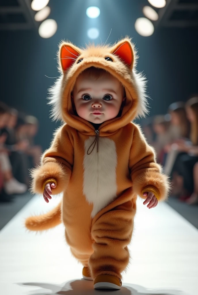 Create a scene where an adorable is dressed in a jealous cat costume and wearing a jealous cat costume, and walks confidently down the runway, smiling, showing off his ultra-realistic fashion sense. ultra-realistic 4k moving camera