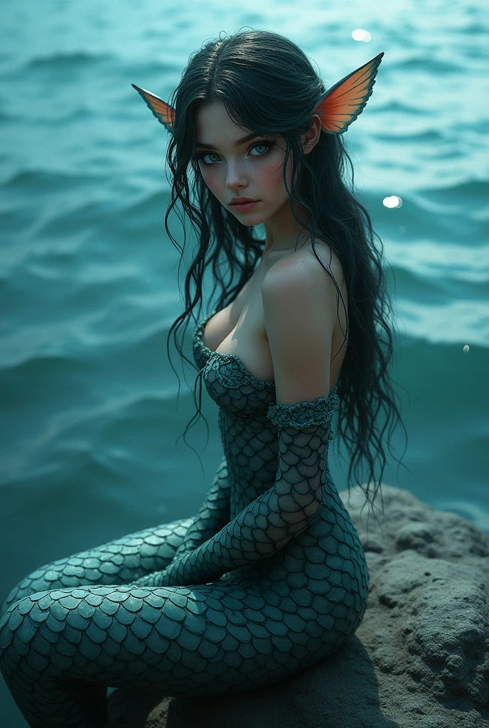 A Watermaid. Expressive eyes, long flowing hair, wet, fin-like ears, beautiful, wearing net-like scaly fabric, sitting on rock in ocean, realistic