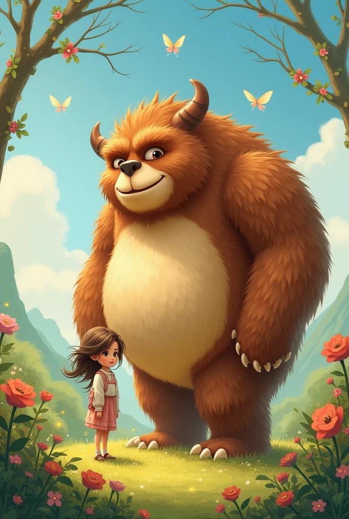 Create an image for story books
Ellie realized that sometimes things that seem scary can turn out to be wonderful, and true friendship knows no bounds where is Monste Benny can you make a monster Benny in brown colour big monster and bit chubby make both are happy together where is girl