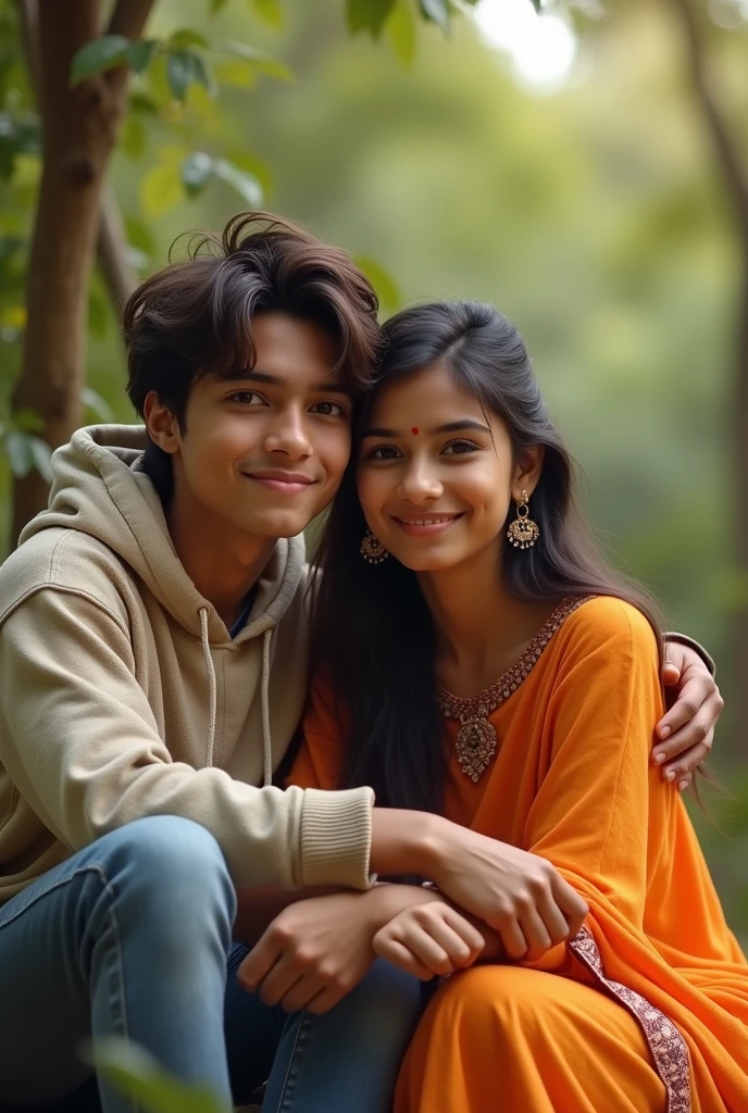 A 2 indian boy with medium long hair wearing hoodie and seating with his 2 beautiful indian girlfriend who's wearing indian kurta and top. both sitting and girl's taking selfie itself.