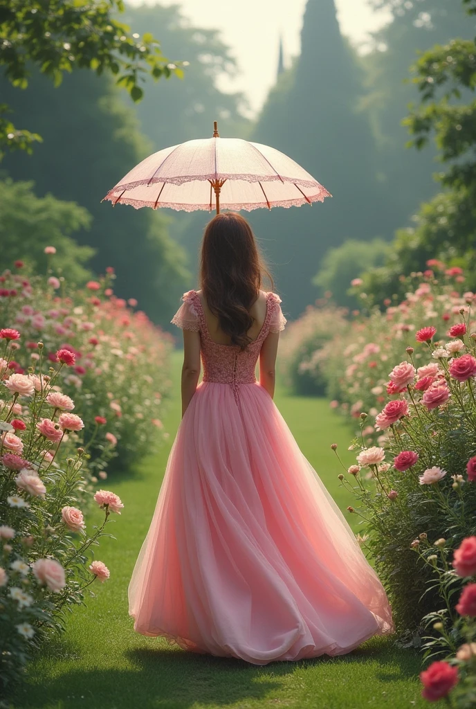 Women with umbrella from behind, wearing  pink dress, in England era, in the flower garden, alone