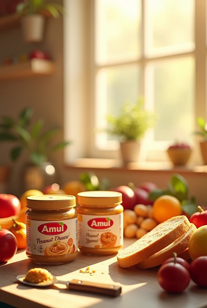 A vibrant image of Amul Peanut Spread jars on a kitchen counter, surrounded by fresh bread, fruits, and a spread knife. Morning sunlight casts a warm glow, enhancing the inviting look.