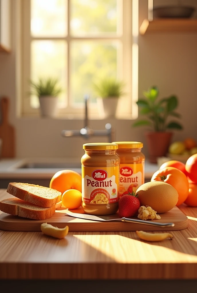 A vibrant image of Amul Peanut Spread jars on a kitchen counter, surrounded by fresh bread, fruits, and a spread knife. Morning sunlight casts a warm glow, enhancing the inviting look.