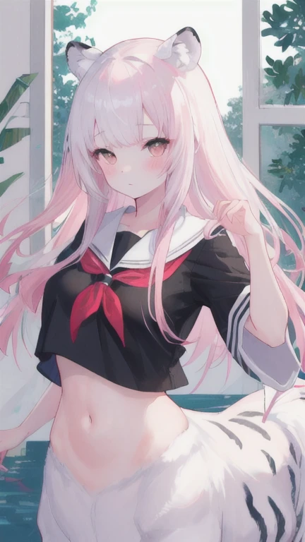 (best quality, masterpiece), 1 girl, centaur, I beg, White skin, Japanese schoolgirl, ,black pink, exposing the abdomen, belly button t-shirt , beautiful girl perfect, White tiger photo, 완벽한 White tiger photo