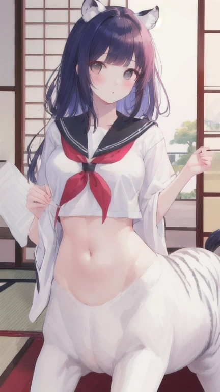(best quality, masterpiece), 1 girl, centaur, I beg, White skin, Japanese schoolgirl,daughter,black pink, exposing the abdomen, belly button t-shirt , beautiful girl perfect, White tiger photo, 완벽한 White tiger photo