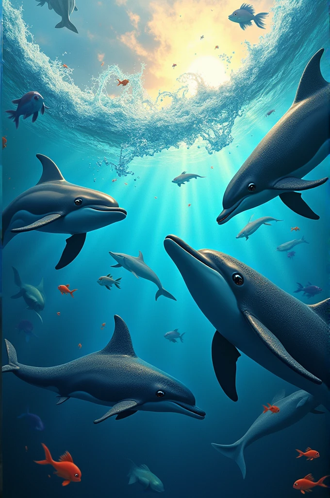 penetrating the ocean surface, creating a lively and vibrant atmosphere."