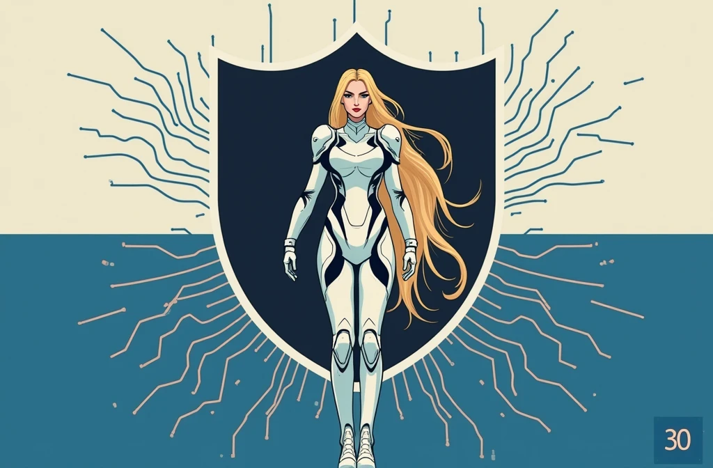 full view of a 30 years old woman, very long blond hair, blue eyes, slim, A woman stands. She holds with pride a large flag with 2 horizontal stripes, one blue and one white. She wears a futurist suite made from a mix of printed circuit board and armor.