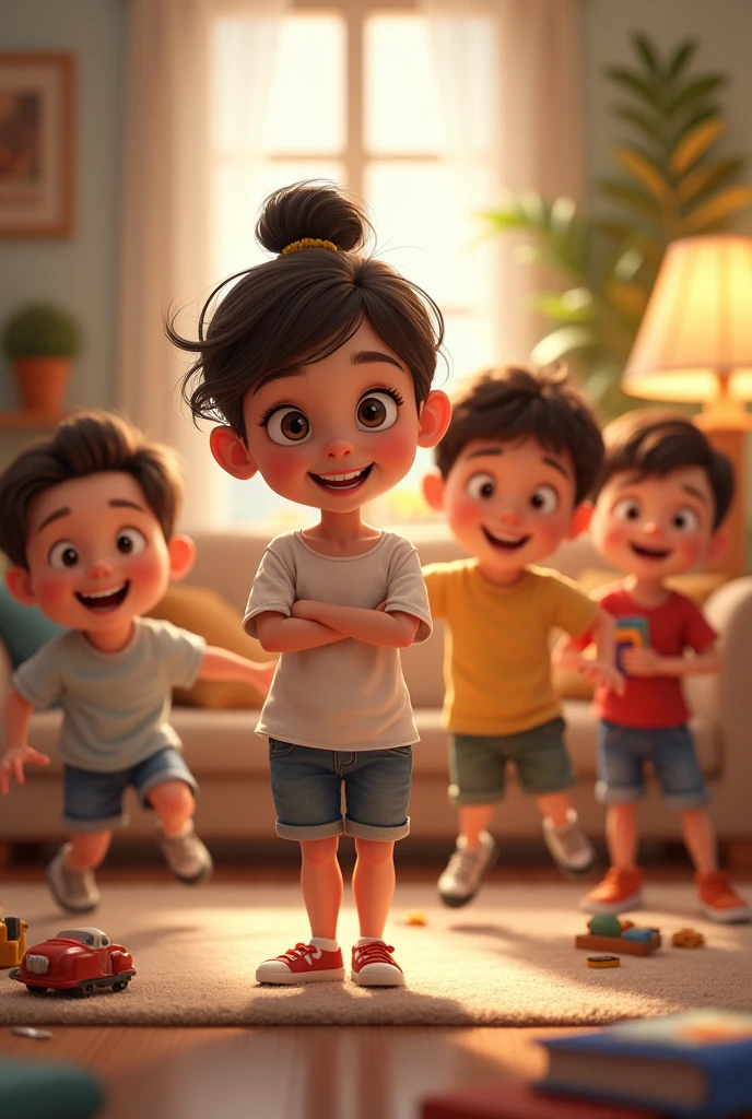 family members at home with 1 girl and 4 boys