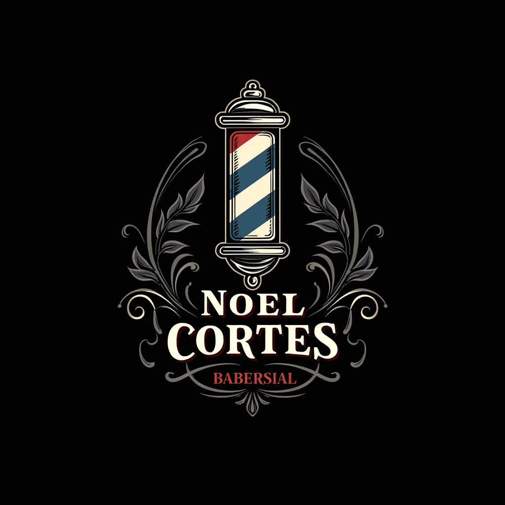 Faça uma logo de barbeiro com um símbolo 💈azul vermelho e branco escrita "Noel Cortes" with a black background and a very detailed font with a barber theme and some barber symbol behind it, a very detailed logo 