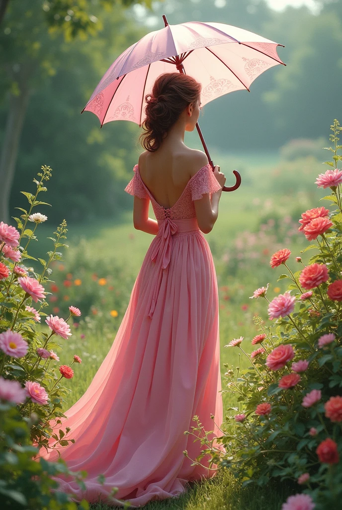 Women with umbrella from behind, wearing  pink dress, in England era, in the flower garden, alone
