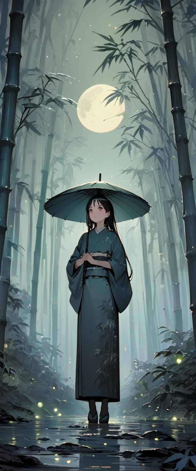 dynamic ink painting of a bamboo grove of japan, great art, great sense of depth, ground level shot, the most beautiful bamboo grove in the world, bamboo leaves shining through rainwater, moon\(pale blue\) with a light overcast,solo, beautiful 1girl\(ancient Japanese noble, beautiful kimono, beautiful long black hair\) looking up at the moon holding an umbrella,raining softly, fireflies flying around, bamboo leaves are placed three-dimensionally in the foreground, long shot,colorless,full body