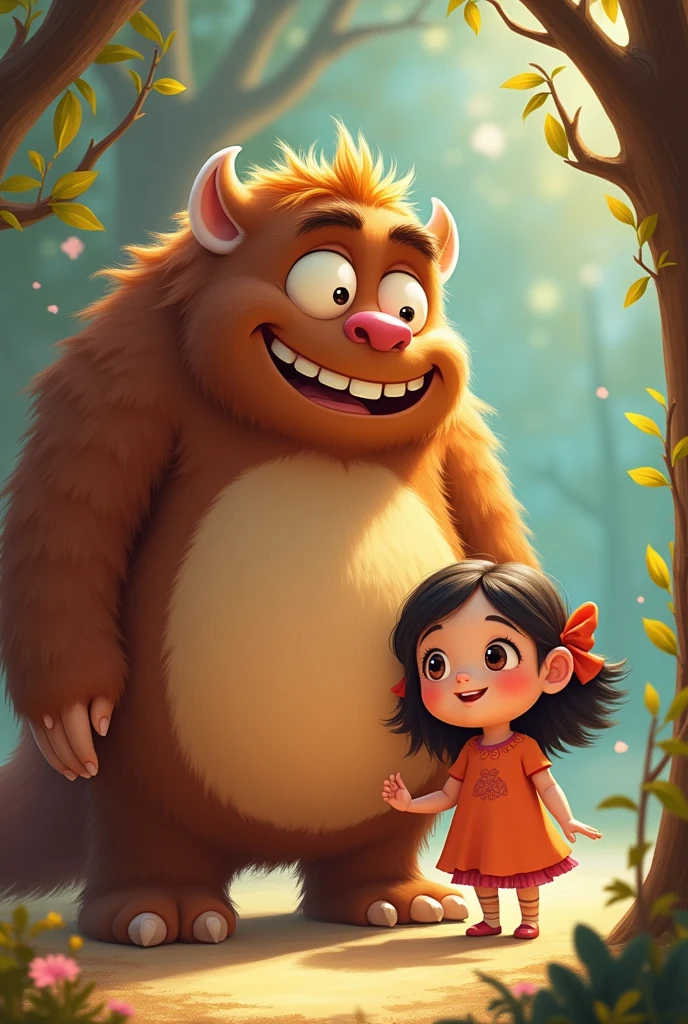 Create an image for story books
Ellie realized that sometimes things that seem scary can turn out to be wonderful, and true friendship knows no bounds where is Monste Benny can you make a monster Benny in brown colour big monster and bit chubby make both are happy together where is girl smiling
