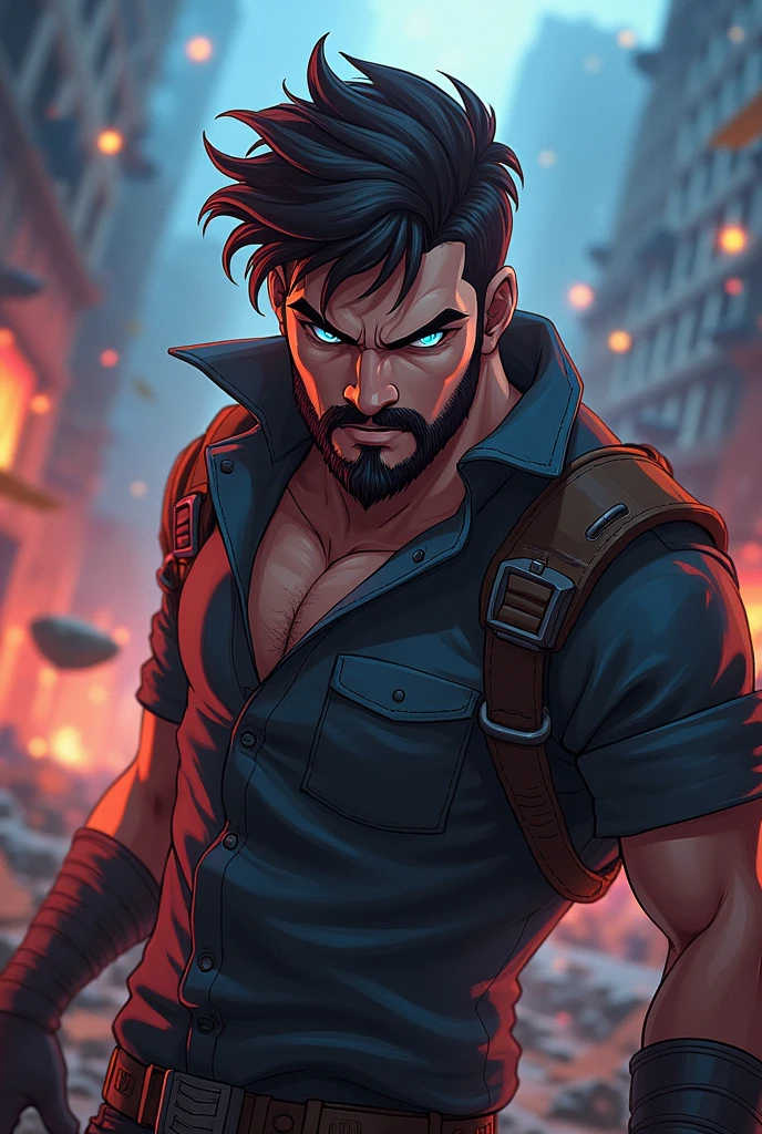 Gaming channel,a competitive player,eye were blue spark, background were in war,anime, agressive,gender male, cartoon,face were beard and moustache